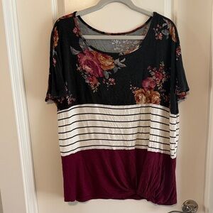 Maurices Floral Striped Short Sleeve Top - Black, White, Burgundy